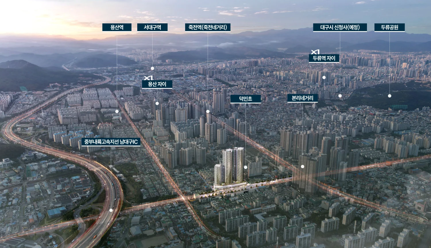 덕인초, 본리네거리, 죽전네거리와 남대구IC의 위치가 표시된 생활권 조감도